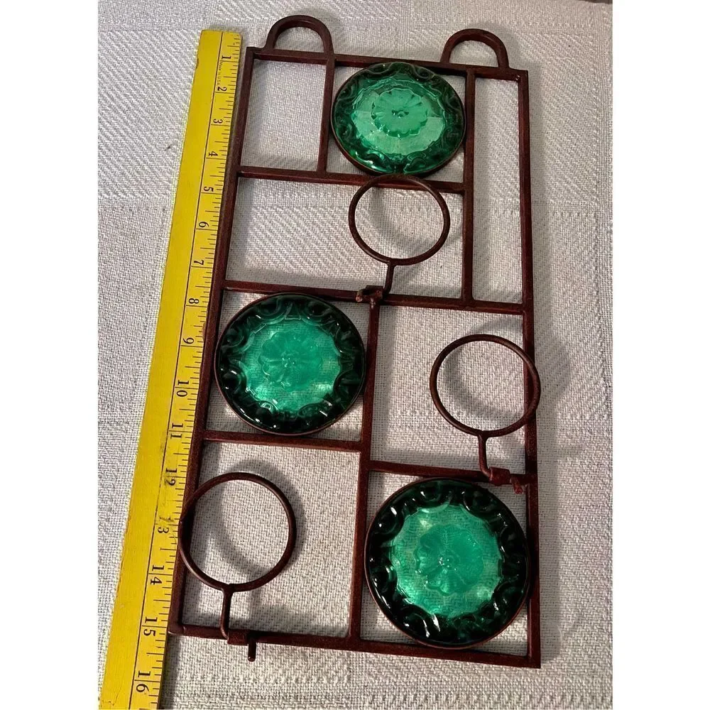 Vintage Wall Hanging Metal 3 Light Votive Candle Holder Green Glass 16” - Picture 5 of 6